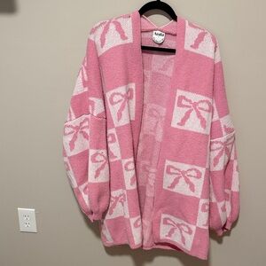 ARULA Pink and Cream Bow-Block Open Cardigan
